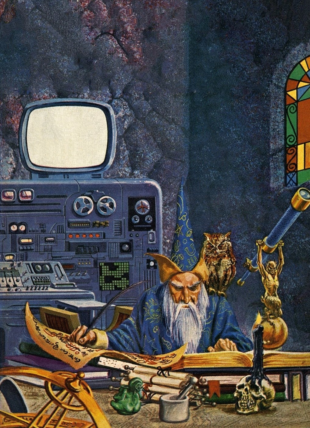 Art by Gray Morrow - Faust Aleph Null - 1967, featuring a wizrd in a laboratory with a 1960s style mainframe computer behind him, they are wearing a blue robe, scribbling into a scroll, there are beakers on the desk, and a skull with a candle on top. There is a rather cool and wizardly juxtaposition between the medieval wizrd art, and the mainframe computer behind him. Perfectly suited for this new laboratory, I hope you enjoy.